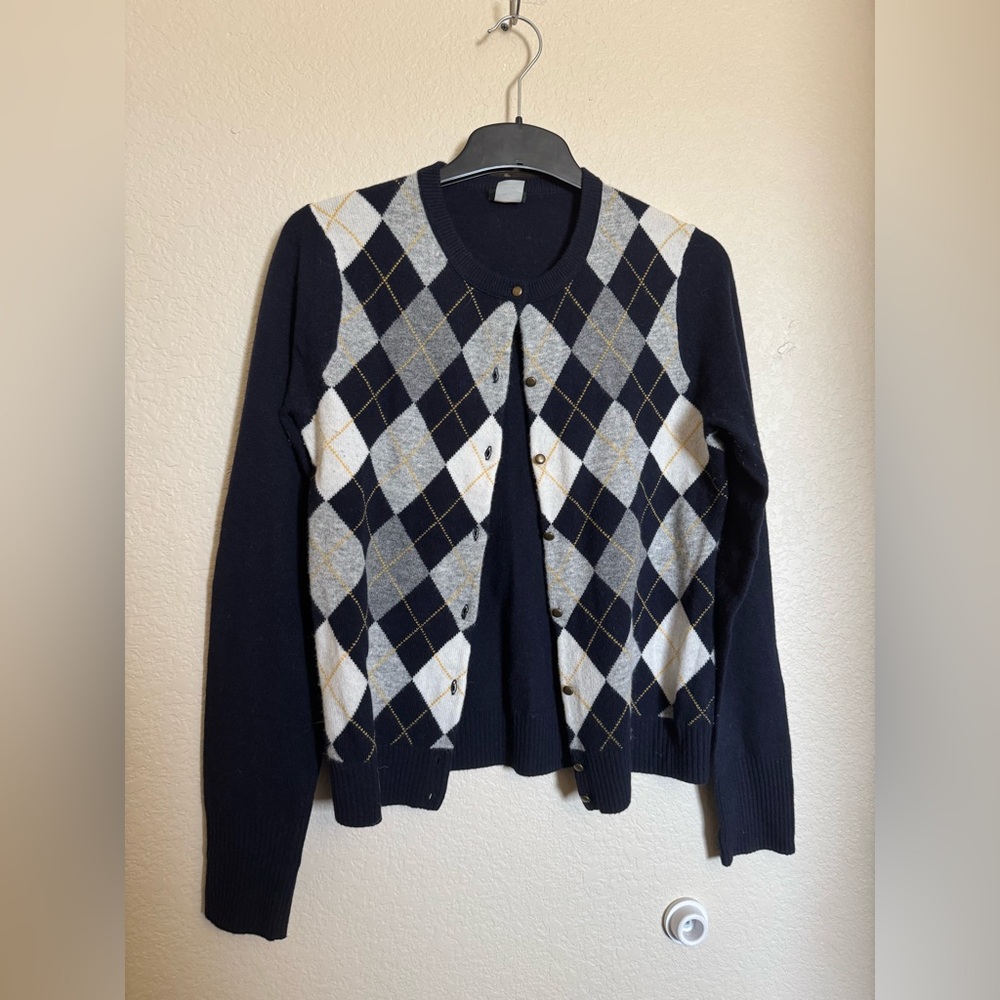 Y2K J. Crew Argyle Diamond Plaid Crewneck Cardigan‎ Sweater Sz M Wool Cashmere